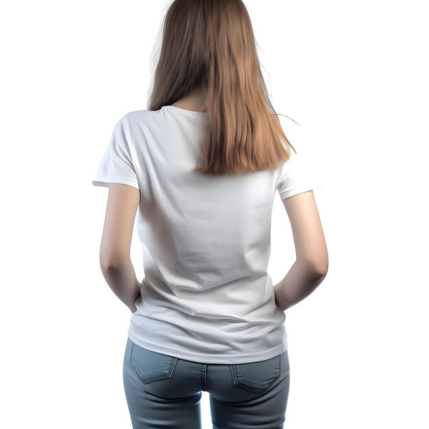 PSD vista de trás de mulher em camiseta branca em fundo branco