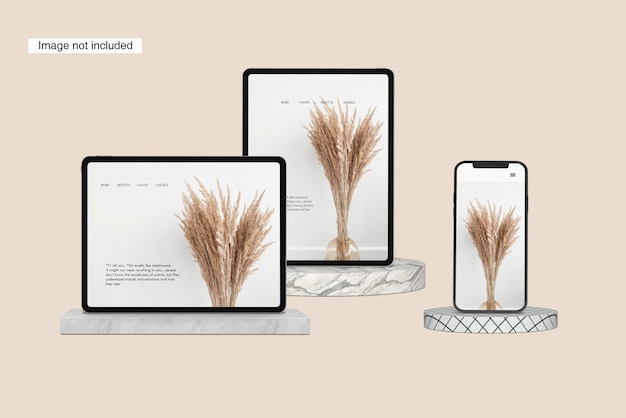 Vista de uma maquete de smartphone, tablet Potrait e Tablet Landscape Mockup