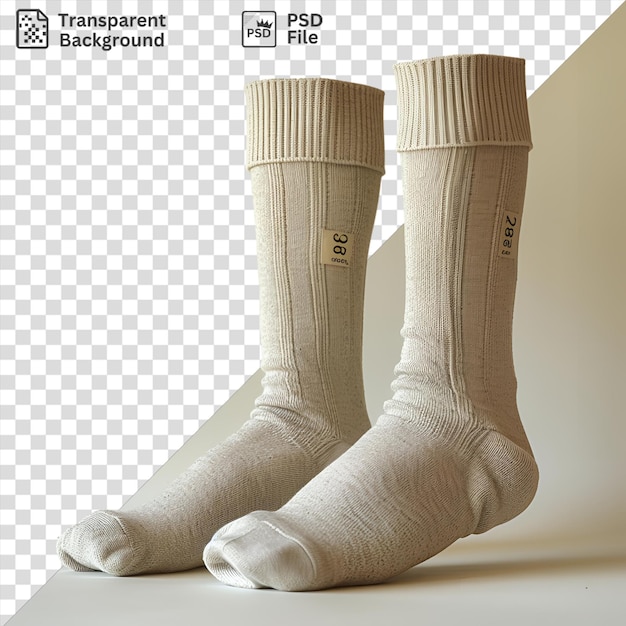 PSD vista delantera captura un par de calcetines de material de algodón beige etiqueta de tela