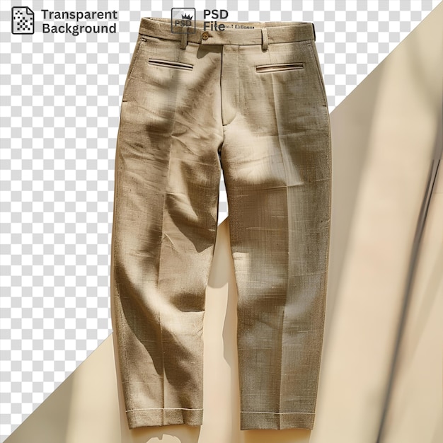 PSD vista delantera captura un par de pantalones material de lino beige tela etiqueta tela tela tela tela