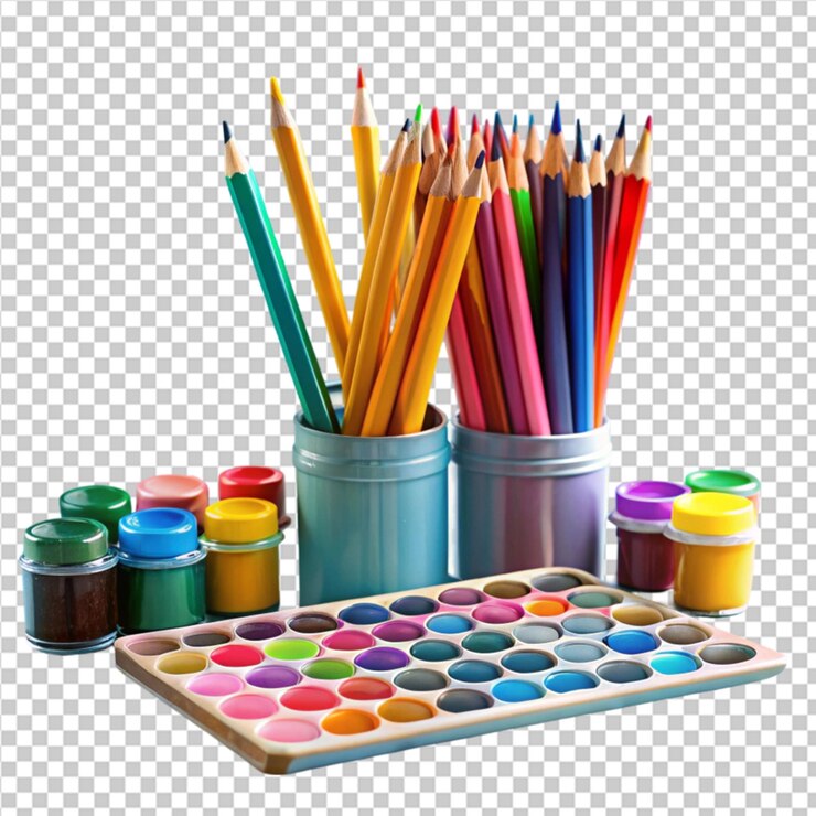 PSD vista delantera diferentes lápices de colores con pinturas
