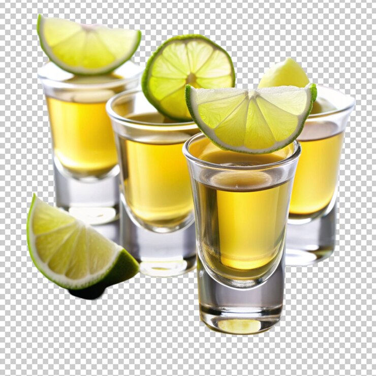 PSD vista delantera de las tomas de tequila dorada con rebanadas de lima