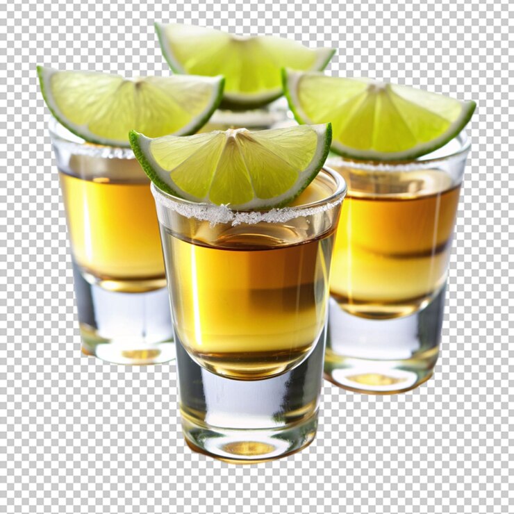 PSD vista delantera de las tomas de tequila dorada con rebanadas de lima