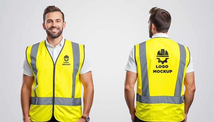 Vista delantera trasera Moderno chaleco de seguridad 3D Mockup aislado