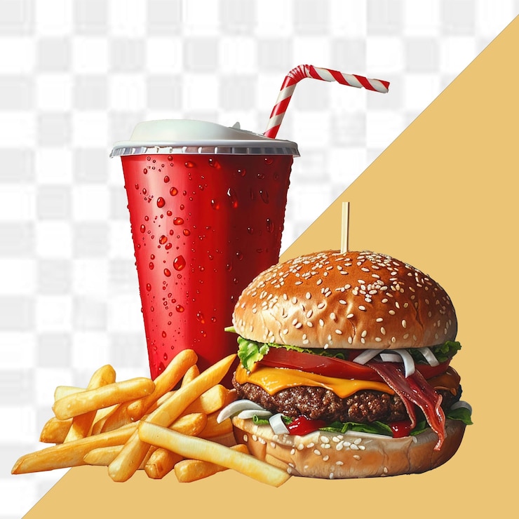 Vista de una deliciosa hamburguesa con papas fritas con fondo transparente