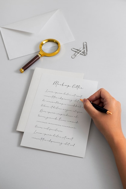 Vista della persona che scrive su carta con la matita