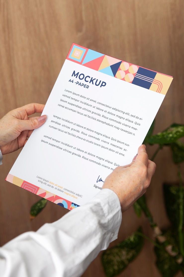 PSD vista delle mani umane che tengono il mock-up del documento cartaceo