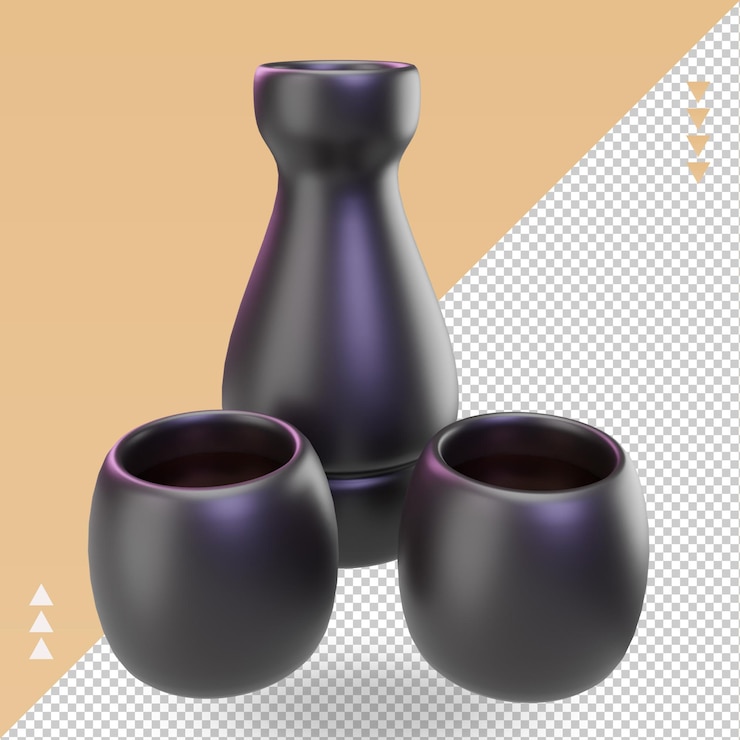 PSD vista derecha de renderizado de sake de comida asiática 3d