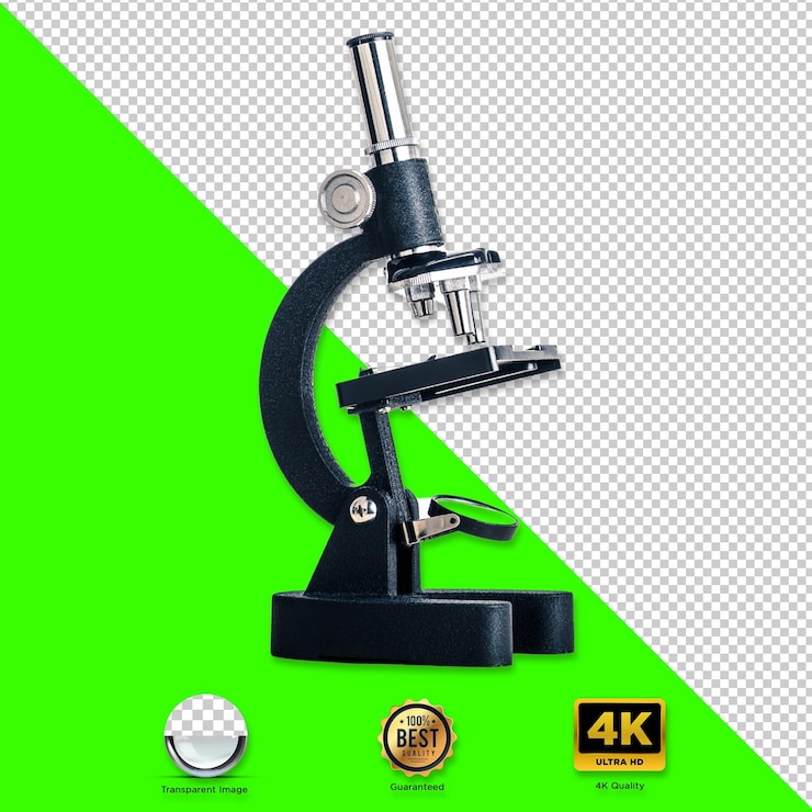 PSD vista detalhada de um microscópio preto e prateado em um fundo verde brilhante