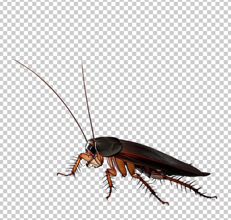 PSD vista detallada de una cucaracha que se arrastra aislada sobre un fondo transparente