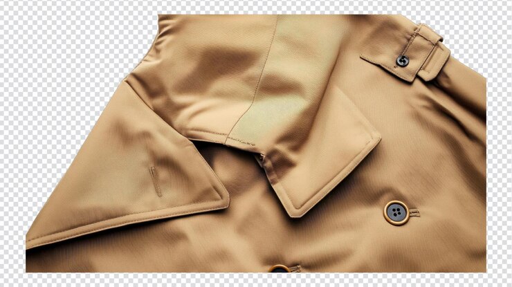 PSD vista detallada de un cuello de abrigo de trincheras beige que muestra las costuras y las características de los botones contra un fondo transparente