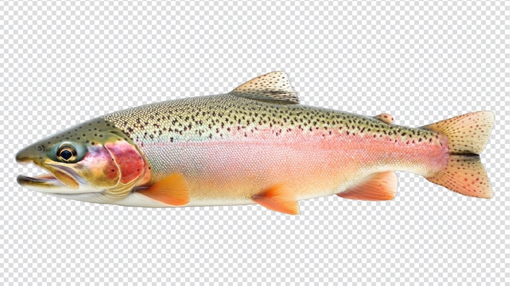 PSD una vista detallada de una trucha arco iris nadando en agua clara durante el día mostrando sus colores vibrantes y patrones únicos