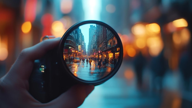 PSD vista di strada della città attraverso l'obiettivo della telecamera