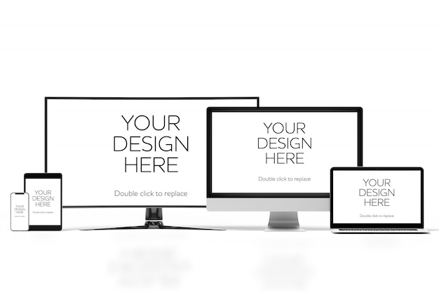 Vista di un modello di smartphone, tablet, computer desktop e laptop