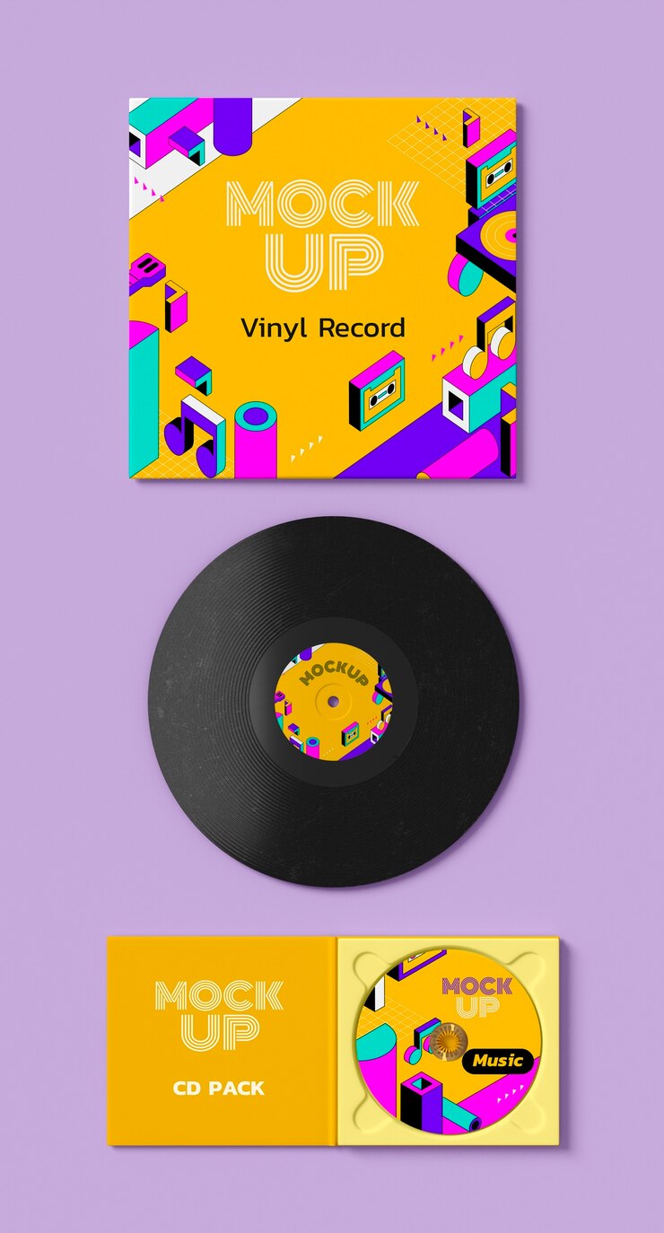 PSD vista del disco de vinilo y la maqueta de la portada.