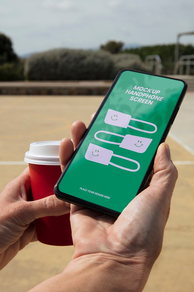 PSD vista del dispositivo smartphone con taza de café