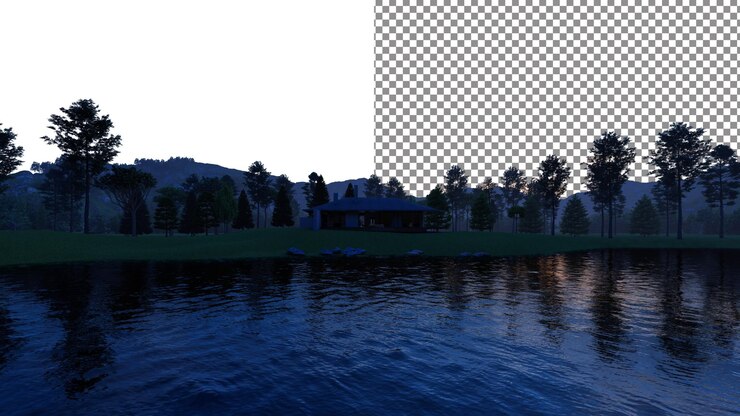 PSD vista do lago entre montanhas e florestas png fundo transparente renderização 3d