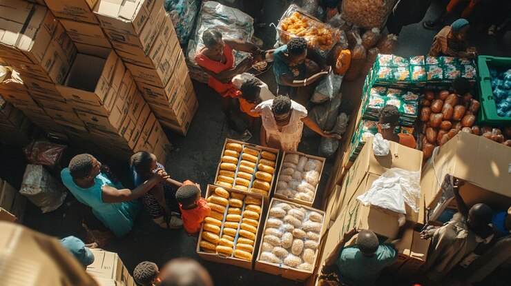 PSD vista em ângulo alto de uma movimentada praça de mercado, pessoas cercadas por caixas de produtos e mercadorias