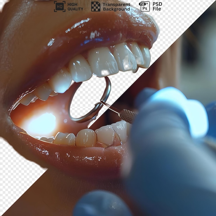 PSD vista em close-up da boca de uma pessoa a ser examinada por um dentista usando um espelho dental e luz isolada sobre um fundo transparente