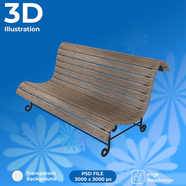 Vista em perspectiva de banco de madeira renderizado em 3D