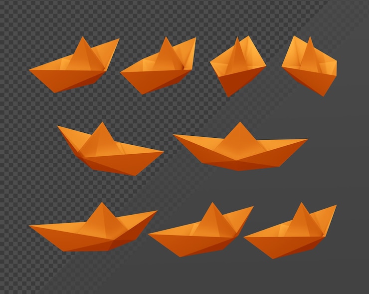 PSD vista em perspectiva do barco de papel de origami de sequência de sprite com renderização em 3d