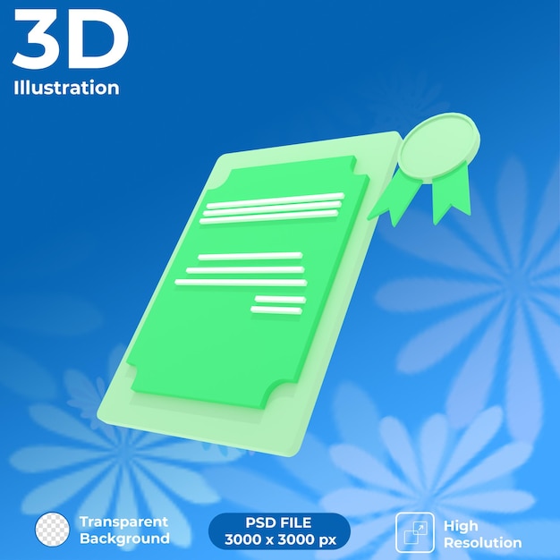 PSD vista em perspectiva do certificado de renderização 3d