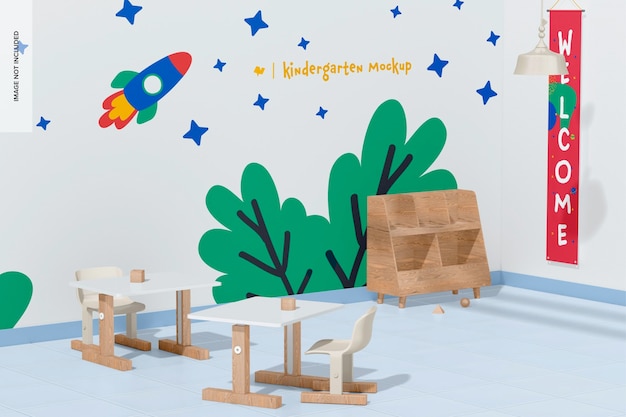 Vista esquerda da maquete da cena do jardim de infância