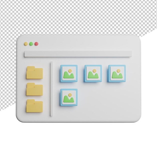 Vista frontal del Administrador de datos del Explorador de archivos Ilustración de renderizado de iconos 3d en fondo transparente