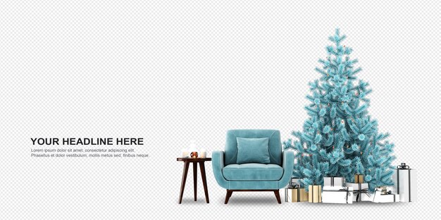 Vista frontal del árbol de Navidad y el sillón en representación 3d