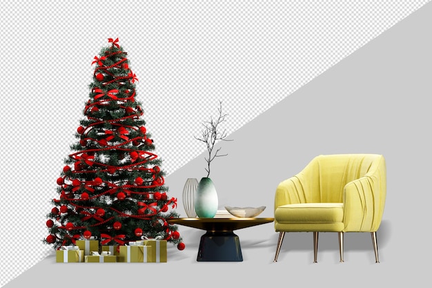 Vista frontal del árbol de navidad y el sillón en representación 3d