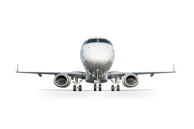 Vista frontal del avión de pasajeros blanco aislado