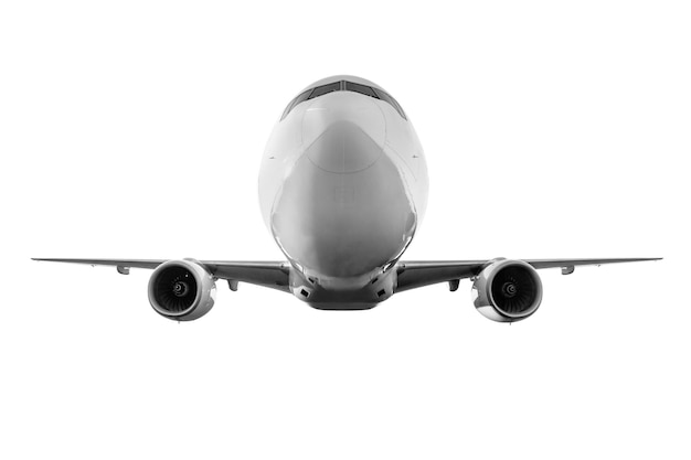 Vista frontal del avión de pasajeros de cuerpo ancho blanco que vuela aislado