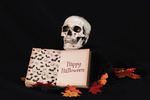 Vista frontal de una calavera con un libro