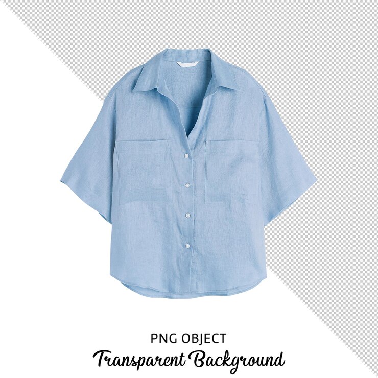 PSD vista frontal de la camisa básica de lino de mujer azul sobre fondo transparente