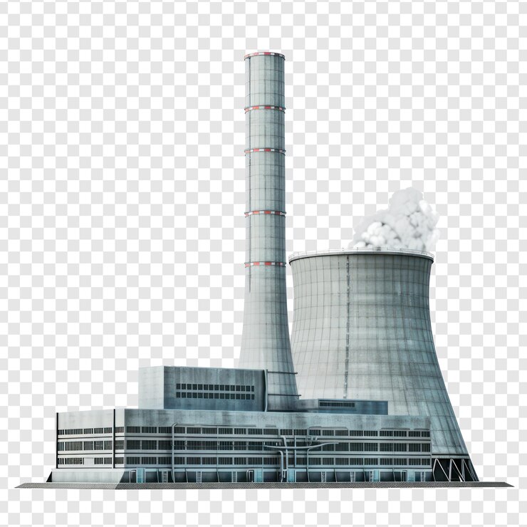 PSD vista frontal de la central nuclear en toda su longitud aislada en fondo de transparencia psd