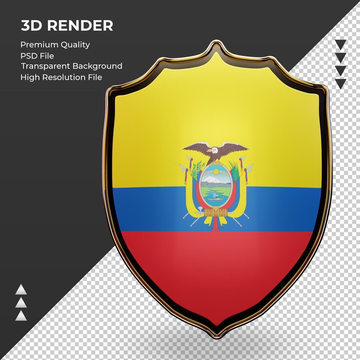 PSD vista frontal de renderização da bandeira do equador escudo 3d