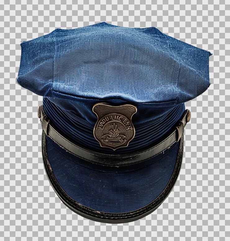 PSD vista frontal de um boné de polícia com distintivo em fundo transparente isolado