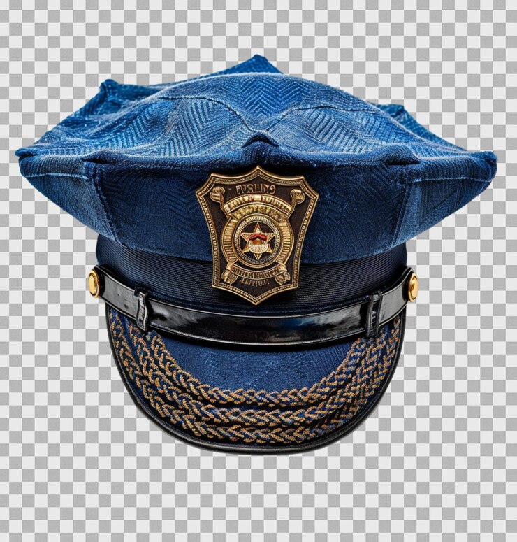 PSD vista frontal de um boné de polícia com distintivo em fundo transparente isolado