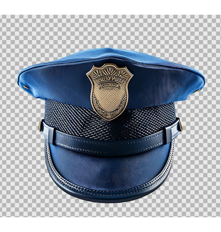 PSD vista frontal de um boné de polícia com distintivo isolado em fundo transparente