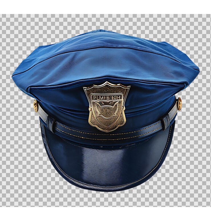PSD vista frontal de um boné de polícia com distintivo isolado em fundo transparente