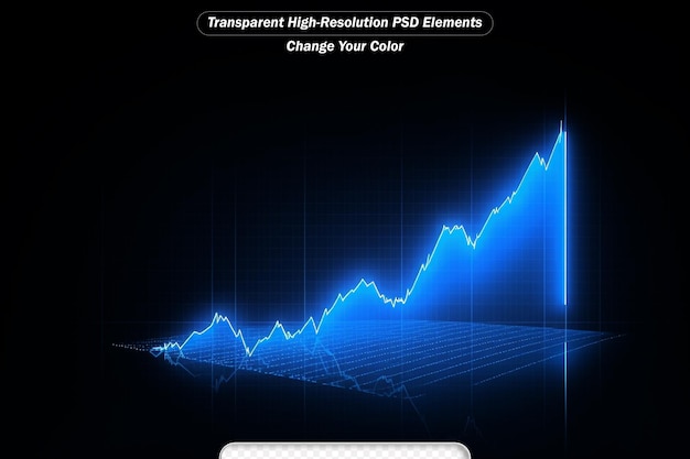 PSD vista frontal de um gráfico financeiro moderno em crescimento com flecha ascendente em fundo azul escuro