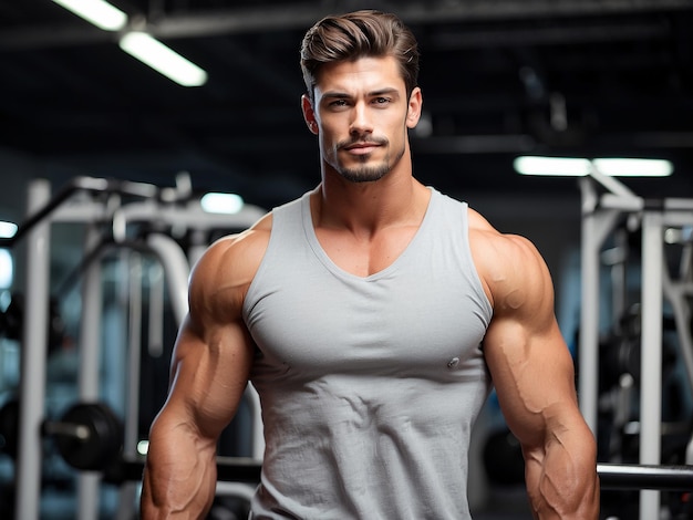 Vista frontal de um homem em forma com top de tanque usando pesos