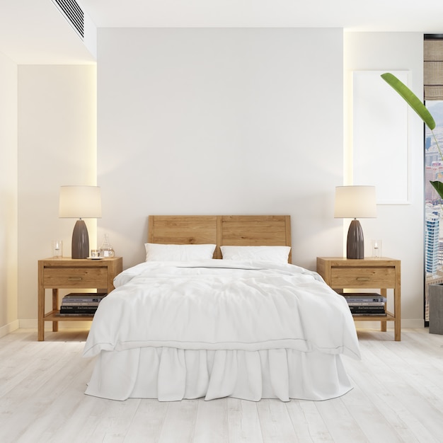Vista frontal de uma sala com uma cama e uma maquete de mesas de noite de madeira modernas
