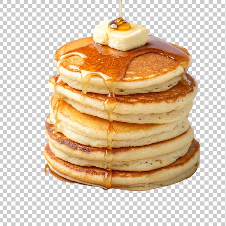 PSD vista frontal delicioso desayuno de panqueques con frutas frescas sobre fondo blanco aislado