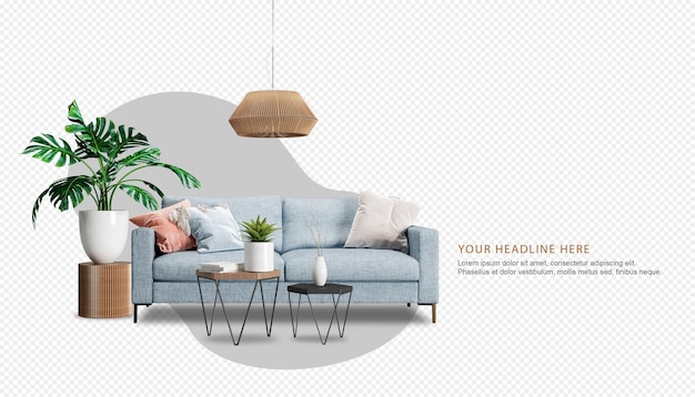 Vista frontal do sofá e planta em renderização 3d