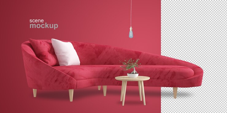 Vista frontal do sofá na renderização em 3d
