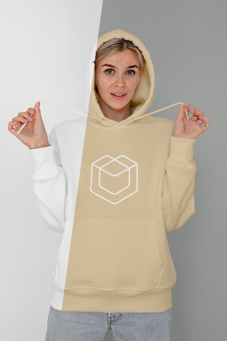 PSD vista frontal, de, elegante, mujer, en, sudadera con capucha