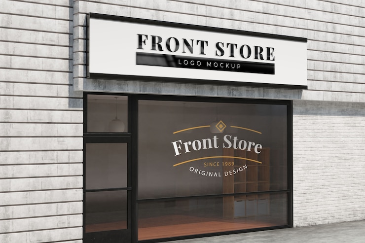 PSD vista frontal exterior da vitrine comercial
