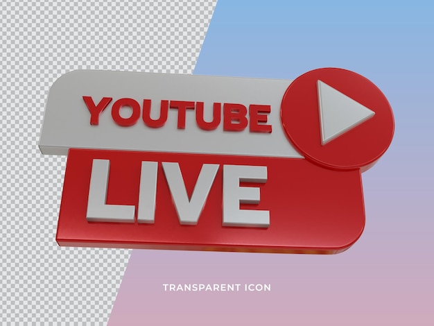 Vista frontal del icono en vivo de Youtube 3D transparente renderizado en 3D
