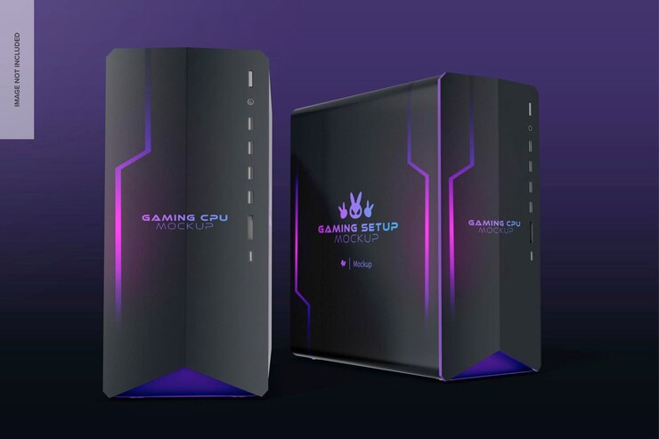 PSD vista frontal y lateral de la maqueta de cpu para juegos